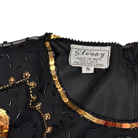 VTG 90s Stenay Beaded Top Sz.S Blak Gold Leaf Sequins Whimsigoth Fairy Formal - Picture 4 of 11